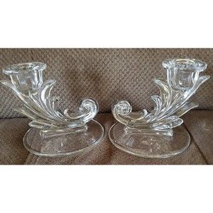 Vintage FOSTORIA BAROQUE Pair Clear Glass Candlestick Holders USA Made*4.25x4.25